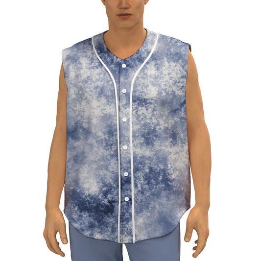 White And Blue Acid Wash Tie Dye Print Sleeveless Baseball Jersey