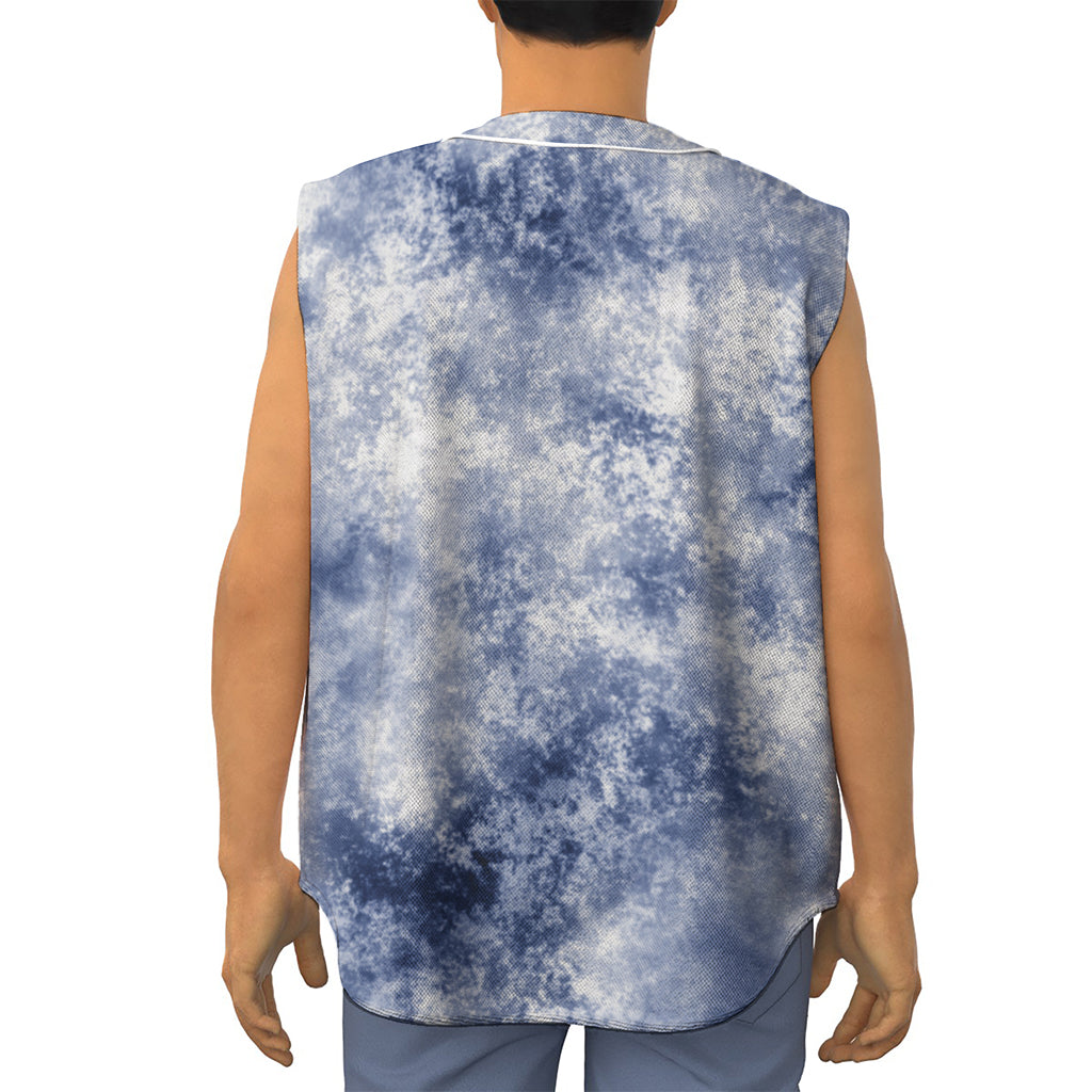 White And Blue Acid Wash Tie Dye Print Sleeveless Baseball Jersey