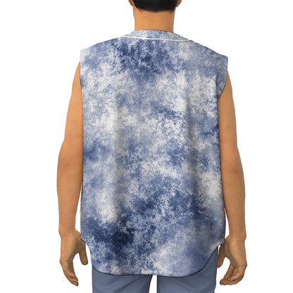 White And Blue Acid Wash Tie Dye Print Sleeveless Baseball Jersey