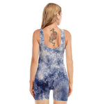 White And Blue Acid Wash Tie Dye Print Sleeveless One Piece Swimsuit