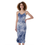 White And Blue Acid Wash Tie Dye Print Slim Fit Midi Cami Dress