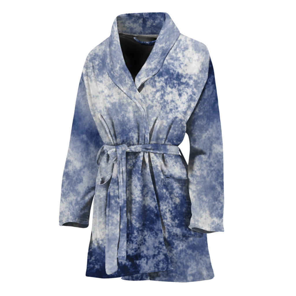 White And Blue Acid Wash Tie Dye Print Women's Bathrobe