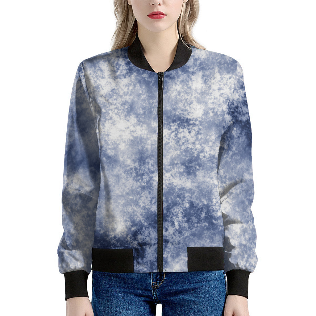 White And Blue Acid Wash Tie Dye Print Women's Bomber Jacket