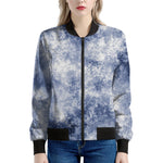 White And Blue Acid Wash Tie Dye Print Women's Bomber Jacket