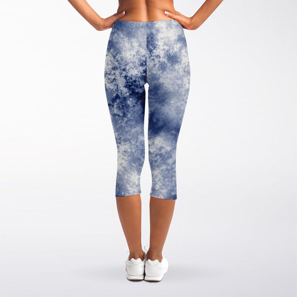White And Blue Acid Wash Tie Dye Print Women's Capri Leggings