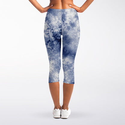 White And Blue Acid Wash Tie Dye Print Women's Capri Leggings