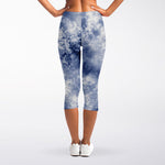 White And Blue Acid Wash Tie Dye Print Women's Capri Leggings