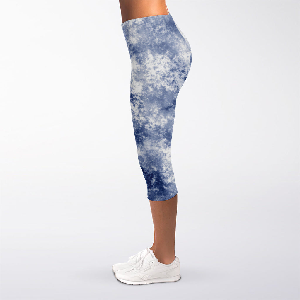White And Blue Acid Wash Tie Dye Print Women's Capri Leggings