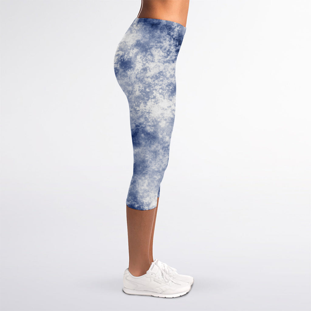 White And Blue Acid Wash Tie Dye Print Women's Capri Leggings