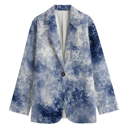 White And Blue Acid Wash Tie Dye Print Women's Cotton Blazer