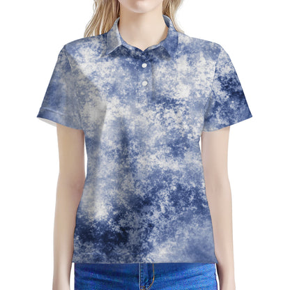 White And Blue Acid Wash Tie Dye Print Women's Polo Shirt