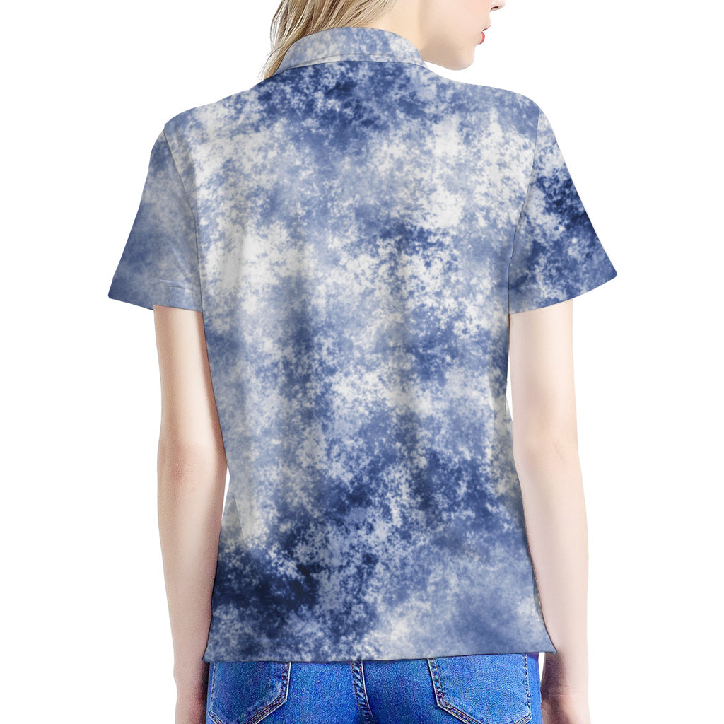 White And Blue Acid Wash Tie Dye Print Women's Polo Shirt