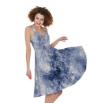 White And Blue Acid Wash Tie Dye Print Women's Sleeveless Dress