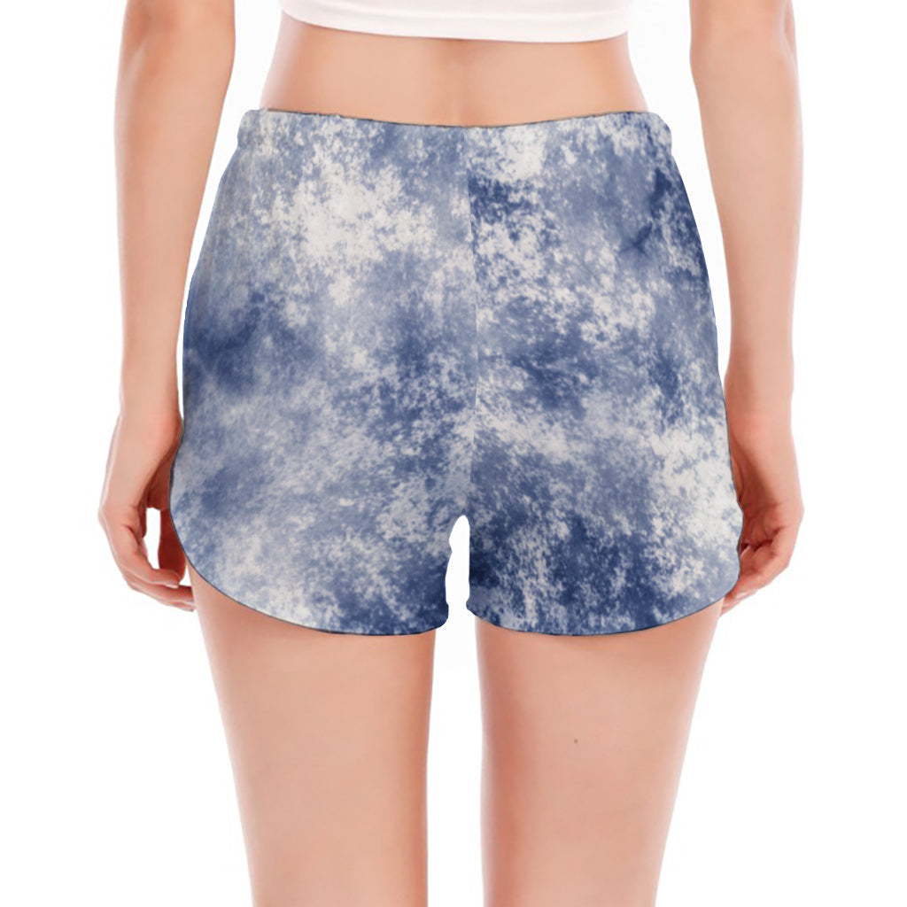 White And Blue Acid Wash Tie Dye Print Women's Split Running Shorts