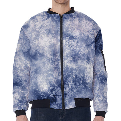 White And Blue Acid Wash Tie Dye Print Zip Sleeve Bomber Jacket
