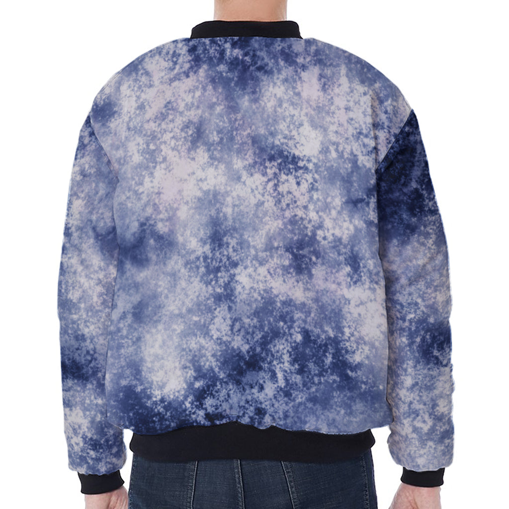 White And Blue Acid Wash Tie Dye Print Zip Sleeve Bomber Jacket