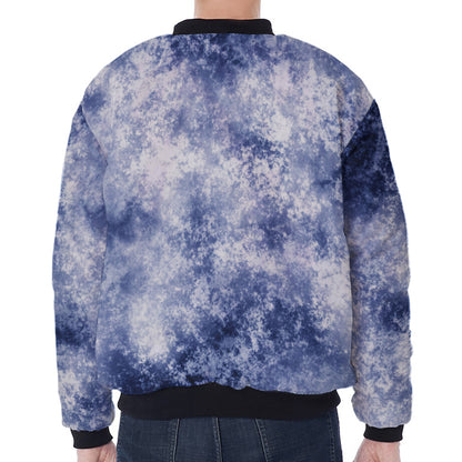 White And Blue Acid Wash Tie Dye Print Zip Sleeve Bomber Jacket