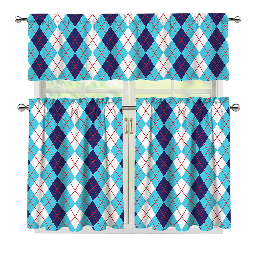 White And Blue Argyle Pattern Print 3 Piece Kitchen Curtains