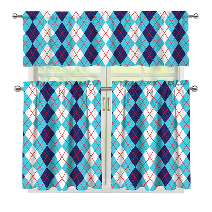 White And Blue Argyle Pattern Print 3 Piece Kitchen Curtains