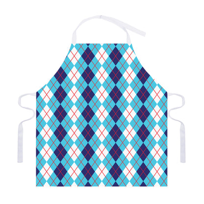 White And Blue Argyle Pattern Print Adjustable Apron