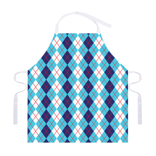 White And Blue Argyle Pattern Print Adjustable Apron