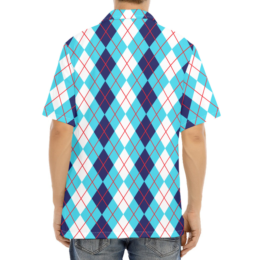 White And Blue Argyle Pattern Print Aloha Shirt