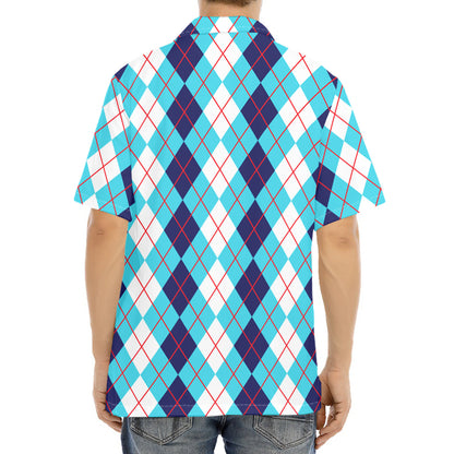 White And Blue Argyle Pattern Print Aloha Shirt