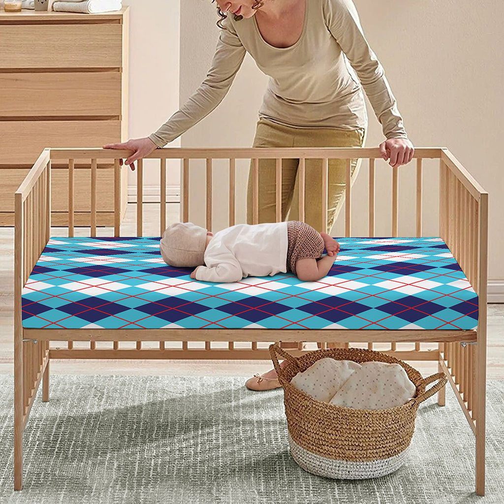 White And Blue Argyle Pattern Print Baby Crib Sheet
