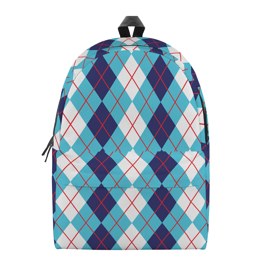 White And Blue Argyle Pattern Print Backpack