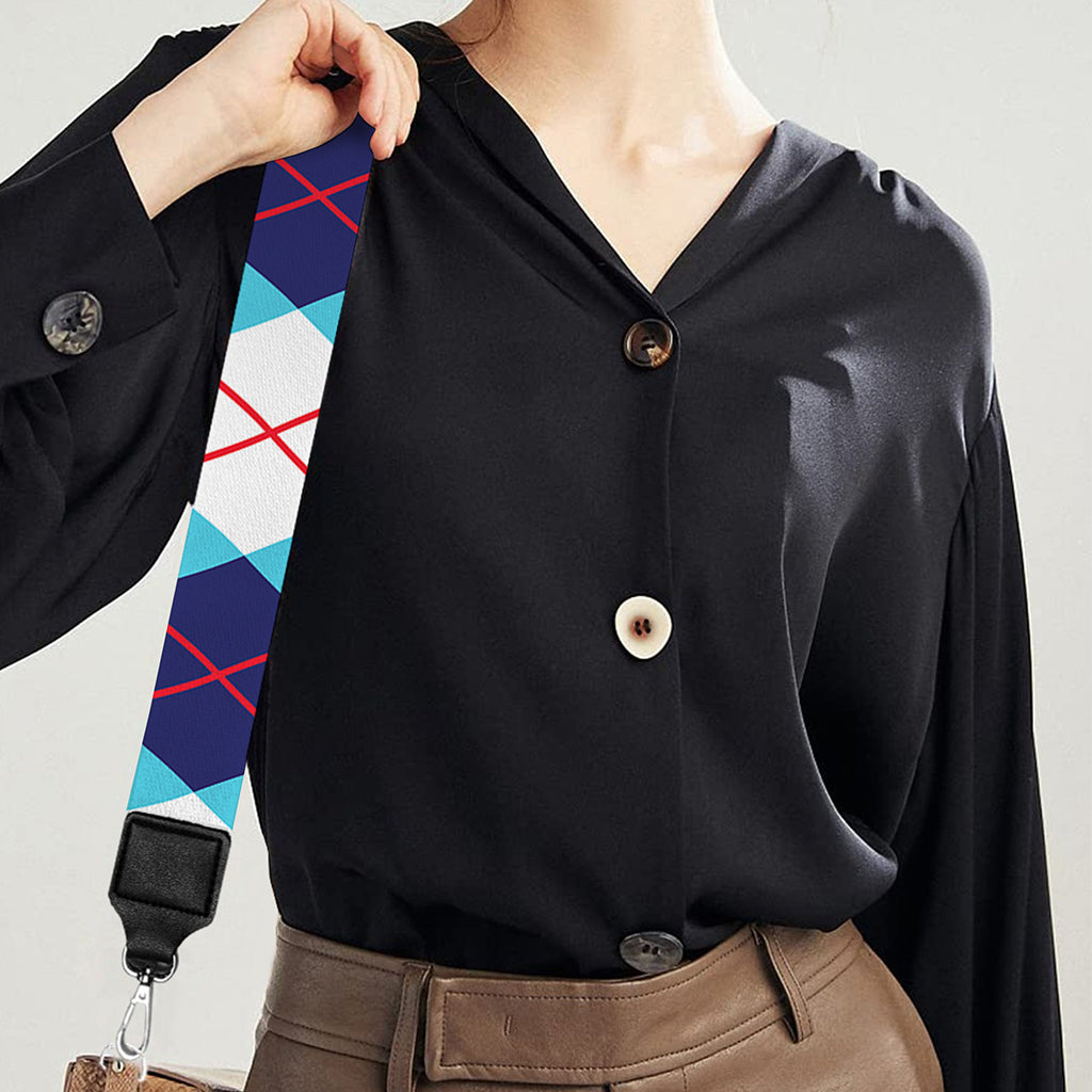 White And Blue Argyle Pattern Print Bag Strap
