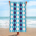 White And Blue Argyle Pattern Print Beach Towel