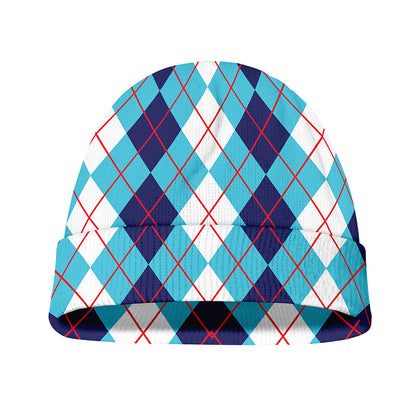White And Blue Argyle Pattern Print Beanie