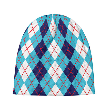 White And Blue Argyle Pattern Print Beanie