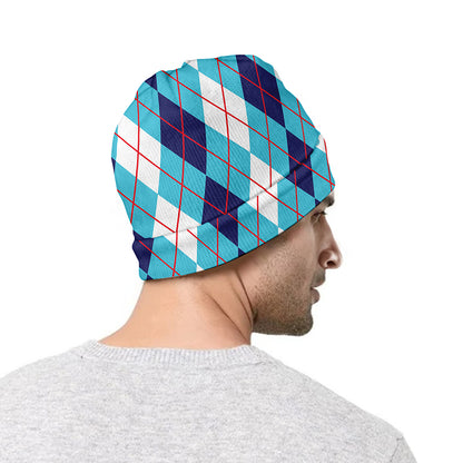 White And Blue Argyle Pattern Print Beanie