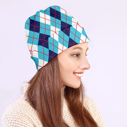 White And Blue Argyle Pattern Print Beanie