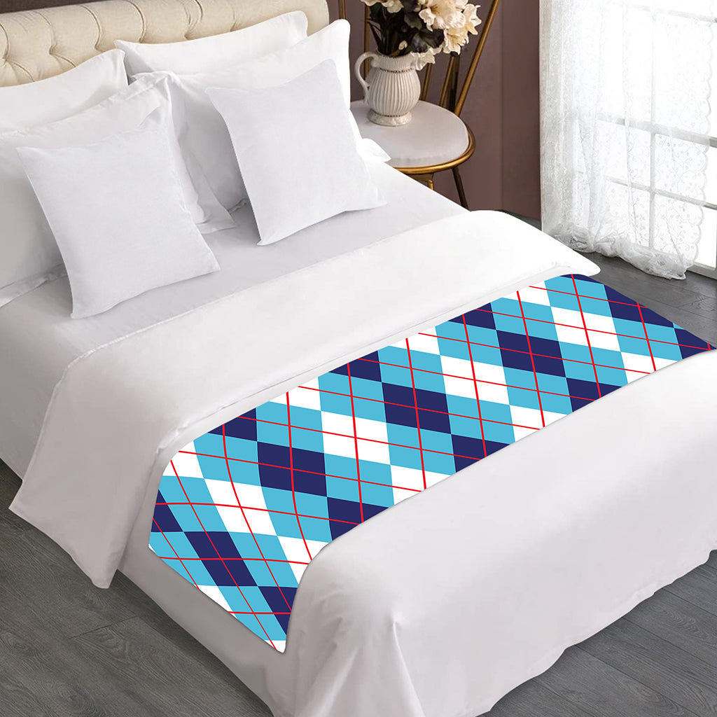 White And Blue Argyle Pattern Print Bed Runner