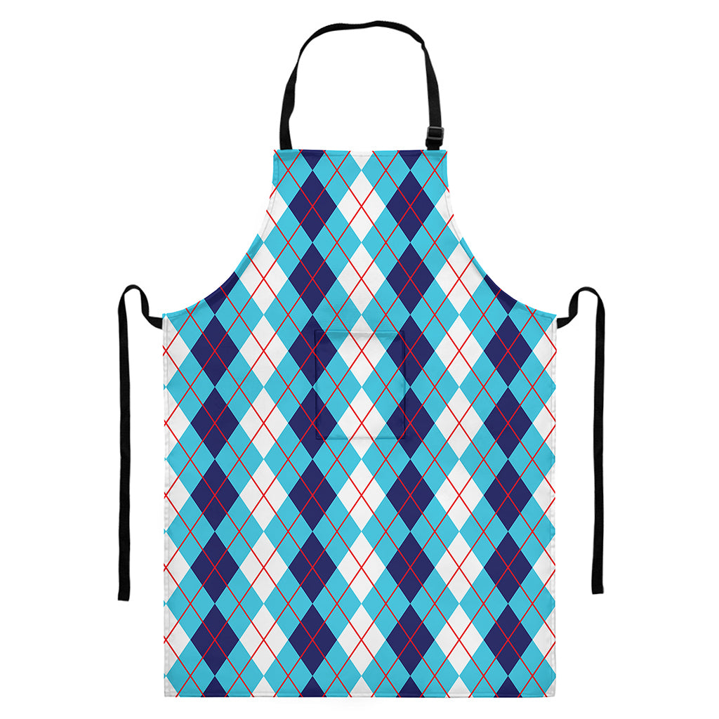 White And Blue Argyle Pattern Print Bib Apron With Pocket