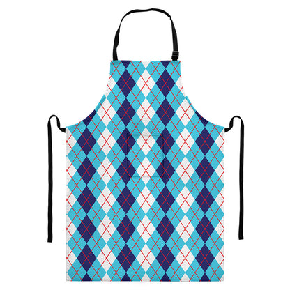White And Blue Argyle Pattern Print Bib Apron With Pocket