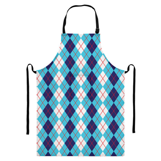 White And Blue Argyle Pattern Print Bib Apron With Pocket
