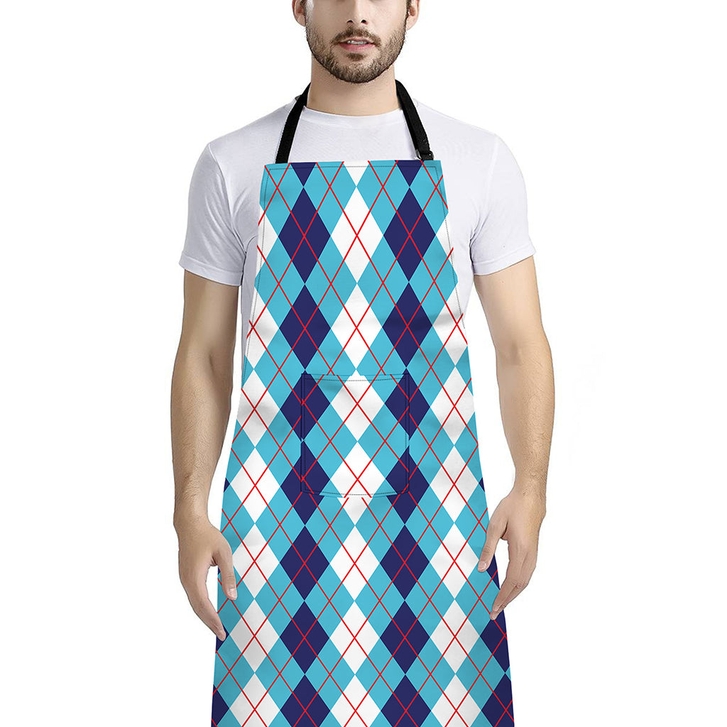 White And Blue Argyle Pattern Print Bib Apron With Pocket