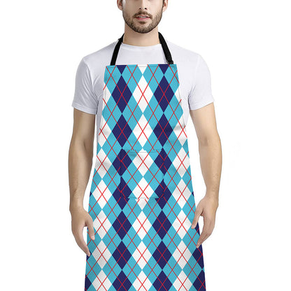 White And Blue Argyle Pattern Print Bib Apron With Pocket