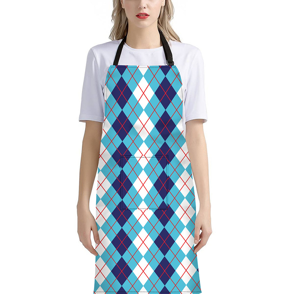 White And Blue Argyle Pattern Print Bib Apron With Pocket