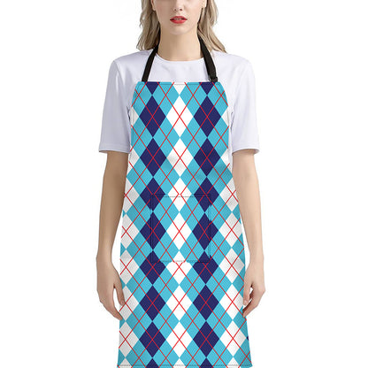 White And Blue Argyle Pattern Print Bib Apron With Pocket