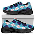 White And Blue Argyle Pattern Print Black Chunky Shoes