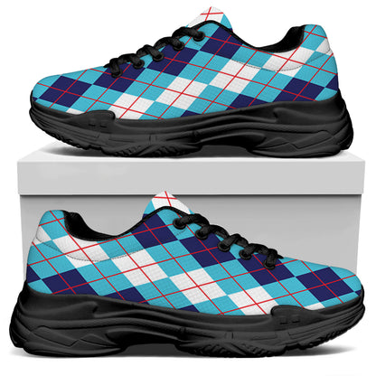 White And Blue Argyle Pattern Print Black Chunky Shoes