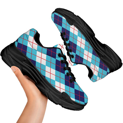 White And Blue Argyle Pattern Print Black Chunky Shoes