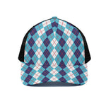 White And Blue Argyle Pattern Print Black Mesh Trucker Cap