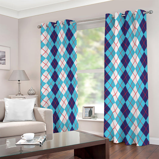 White And Blue Argyle Pattern Print Blackout Grommet Curtains