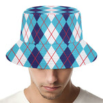White And Blue Argyle Pattern Print Bucket Hat