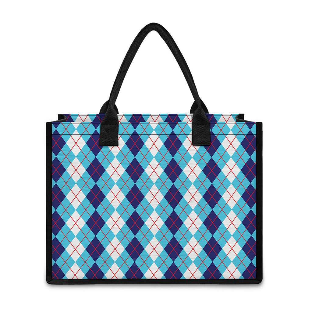 White And Blue Argyle Pattern Print Canvas Tote Bag